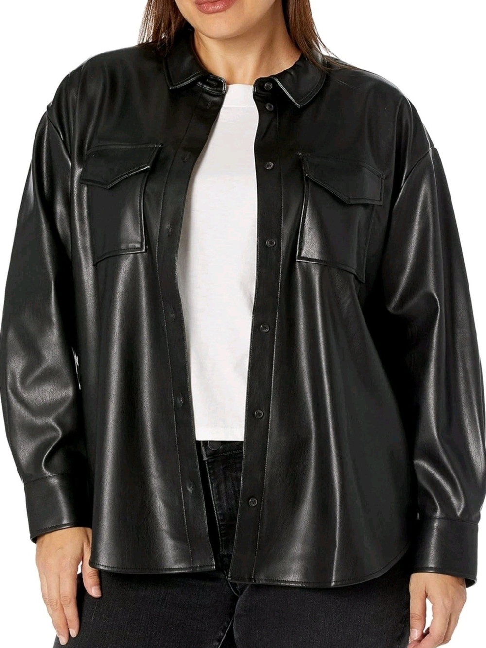 Women's Black Faux Leather Shirt Jacket - Oversized Shacket